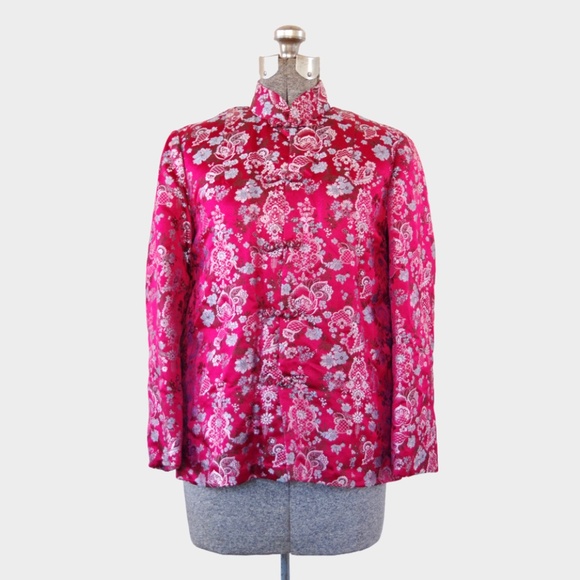 Jackets & Blazers - Traditional Chinese Padded Jacket Pink Silk Asian Jacket w/ Blue Accents